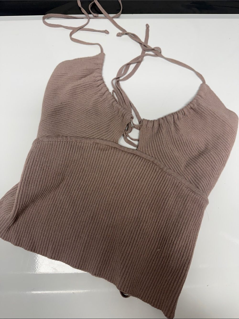 Women’s Ribbed Halter Cami Top - Taupe Size Small - Cropped